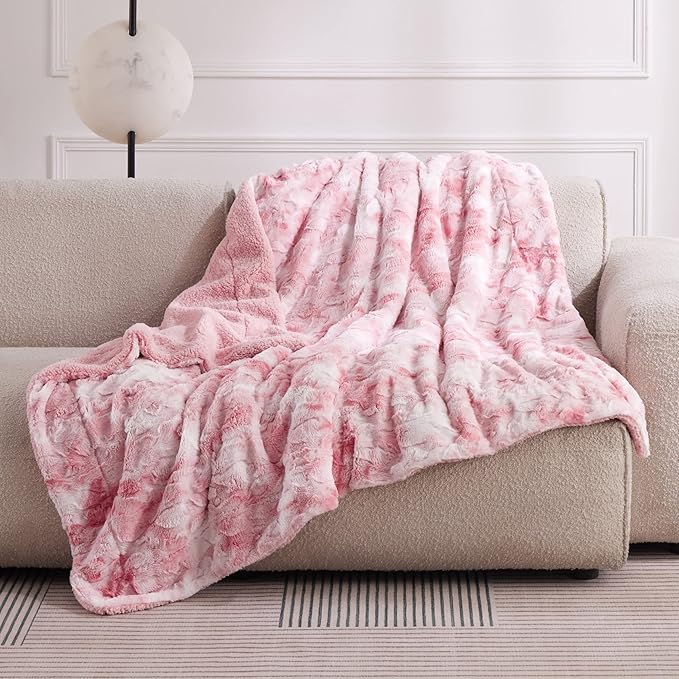 Bedsure GentleSoft Sherpa Fluffy Throw Blanket - Fleece Warm and Cozy Throw for Women Gift, Plush & Fuzzy Faux Christmas Fur Blanket for Couch, Sofa, Bed Decor, Tie Dye Design, Pink, 50x60 Inches