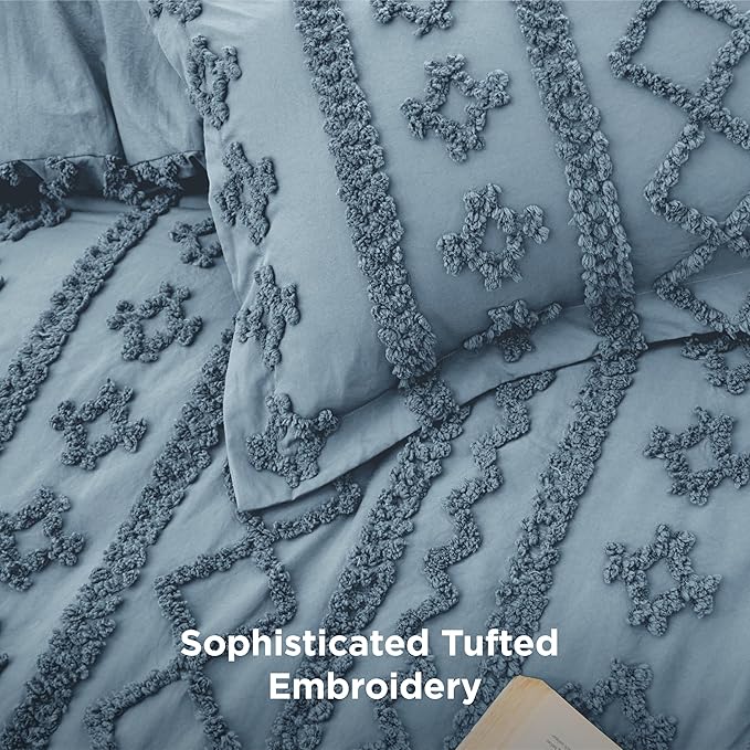 Bedsure Tufted Boho Comforter Set Twin Size - Grayish Blue Boho Bed Set, GentleSoft™ 2 Pieces Farmhouse Shabby Chic Embroidery Bedding, Gifts for Woman, Soft Jacquard Twin Comforter for All Seasons