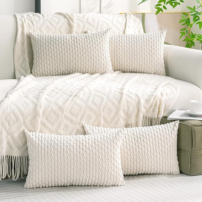 Set of 4 Cream White Decorative Throw Pillow Covers 12x20 Inch Corduroy Pillow - Image 9