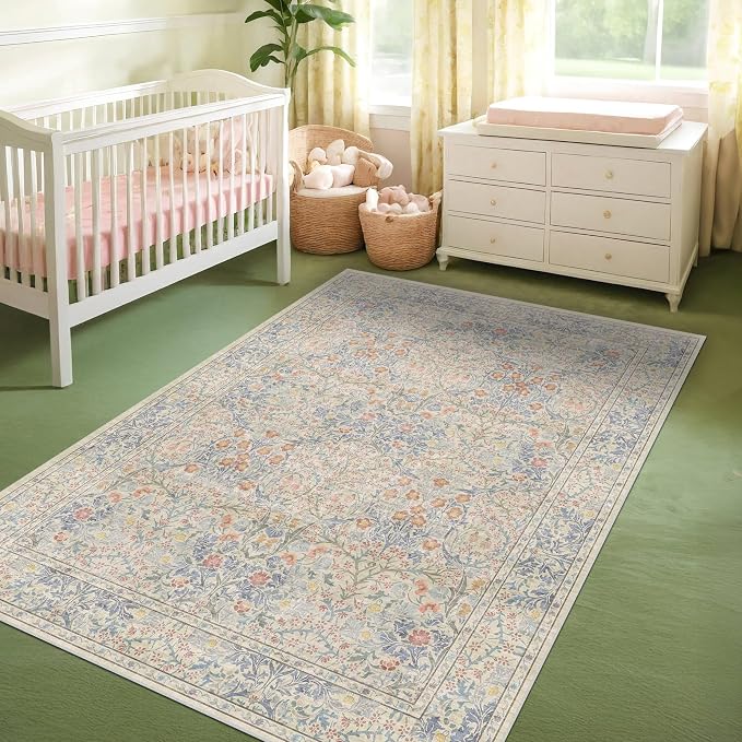 Vintage Washable Beige Blue Area Rugs - Image 6