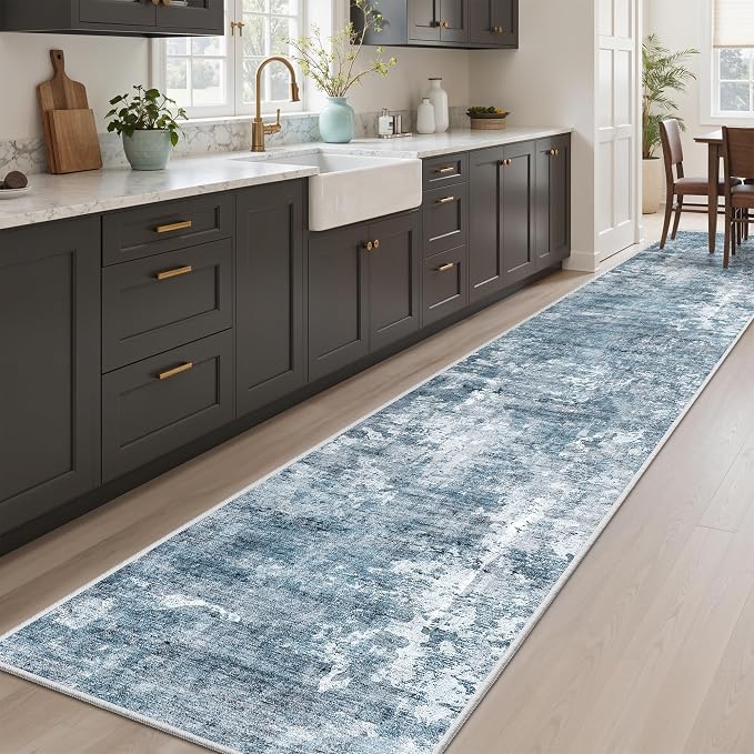Soalmost Abstract Runner Rug 2x12 Hallway Kitchen Runners Blue/Grey | Stain - Image 2