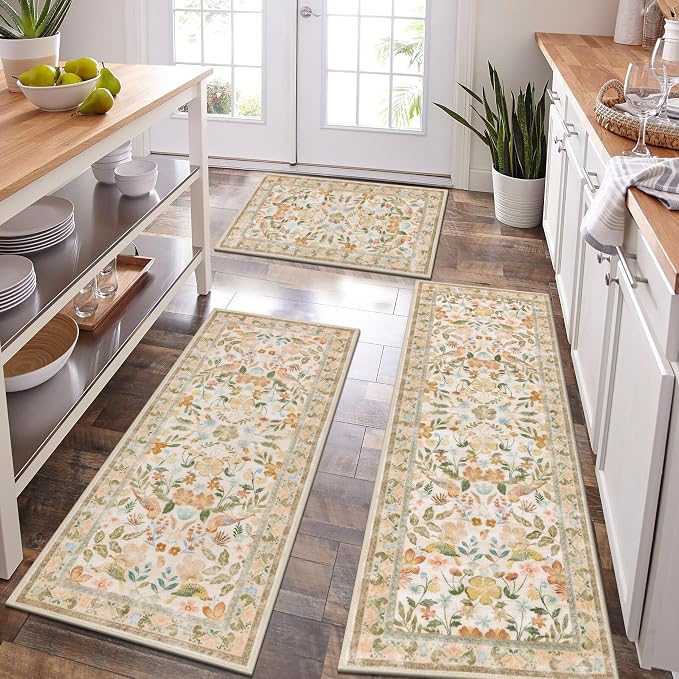 HEBE Boho Kitchen Rugs Set of 3, Non Slip Washable Kitchen Mats by HEBE