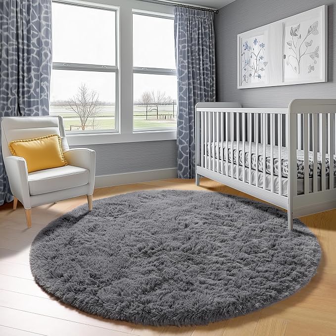 Grey Round Area Rugs 5ft, Fluffy Plush Shaggy Carpet - Image 8