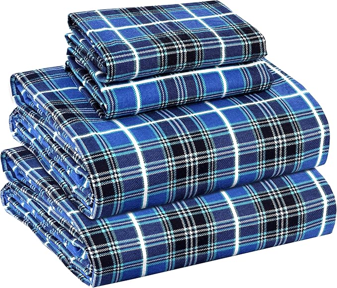 RUVANTI Flannel Sheets California King Size - 100% Cotton Brushed Cal King Bed Sheets Set - Deep Pockets 14 Inches - All Seasons Breathable & Extra Soft - Warm & Cozy, 4 Piece, Blue Plaid