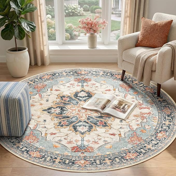 RELEANY Washable Area Rug, Round 4ft, Water Repellent, Pet Friendly, Vintage - Image 2