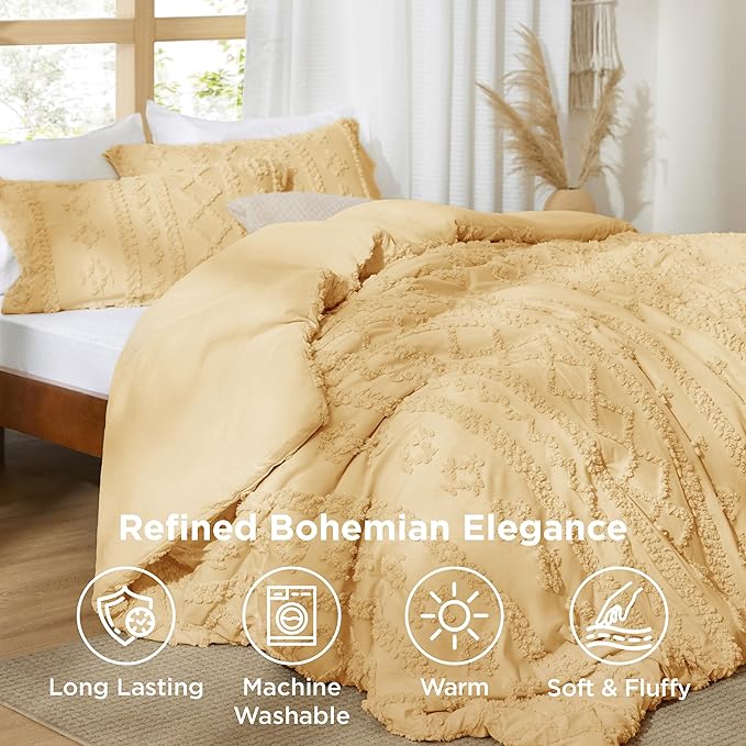 Bedsure Tufted Boho Comforter Set California King - Yellow Boho Bed Set, GentleSoft™ 3 Pieces Farmhouse Shabby Chic Embroidery Bedding, Gifts for Woman, Soft Jacquard Comforter for All Seasons