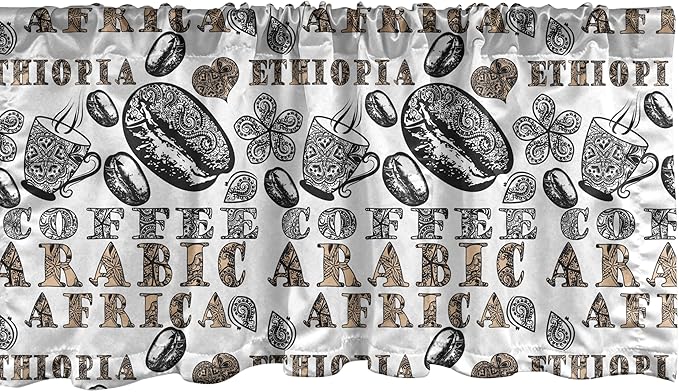 Ambesonne Modern Window Valance, Coffee Beans with Ornamental Words Ethiopians Pattern, Curtain Valance for Kitchen Bedroom Decor with Rod Pocket, 42" x 18", Sand Brown Black