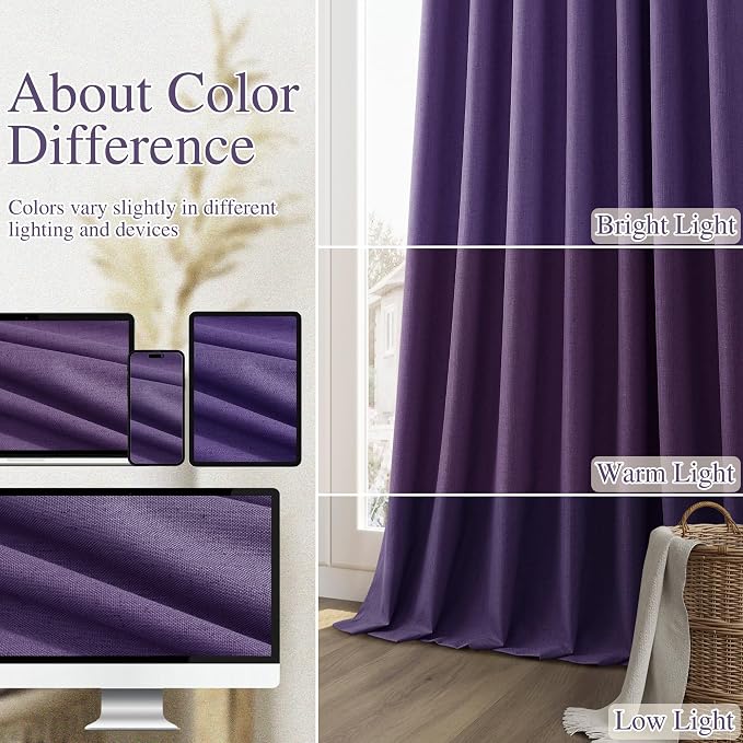 New Purple 100% Blackout Linen Curtains 96 Inch Length 2 Panels Set - Image 7