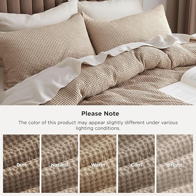 Bedsure 100% Cotton Duvet Cover Queen Size with Fitted Sheet - 4 Pieces Khaki Waffle Weave Bedding Set, GentleSoft™ and Breathable, Includes 1 Duvet Cover 90x90, 1 Fitted Sheet, 2 Pillow Shams