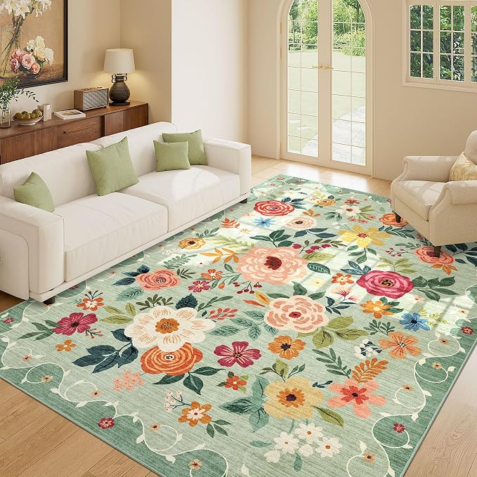 DUKINO 9x12 Area Rug for Living Room, Floral Washable Rug Non Slip, Low Pile - Image 3