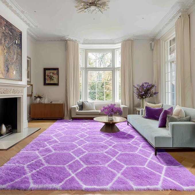 5x7 Area Rugs for Living Room Bedroom, Fluffy Purple and White Trellis Rug | - Image 5