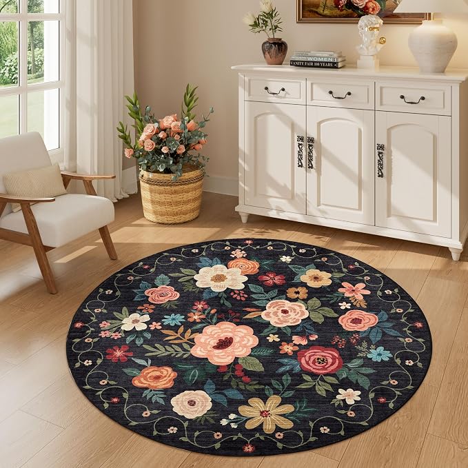 DUKINO 4ft Round Rug, Floral Washable Small Round Area Rug Non Slip, Low Pile by DUKINO