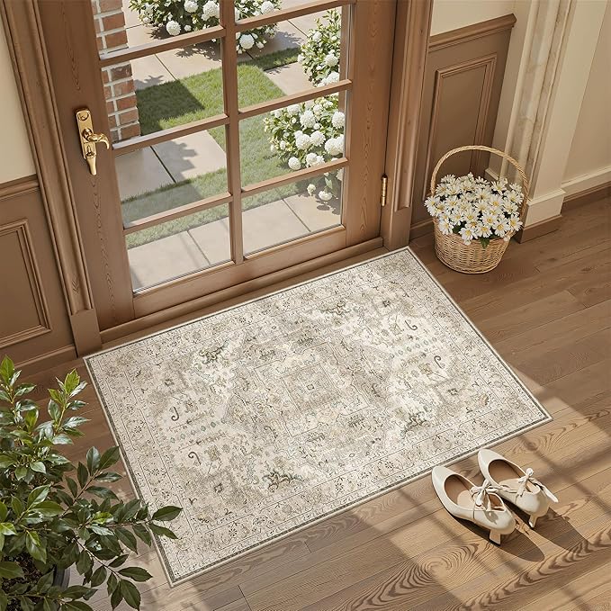 Madane Washable Area Rug 2x3 Small Entryway Rugs Non-Slip, Ivory/Brown | by Madane