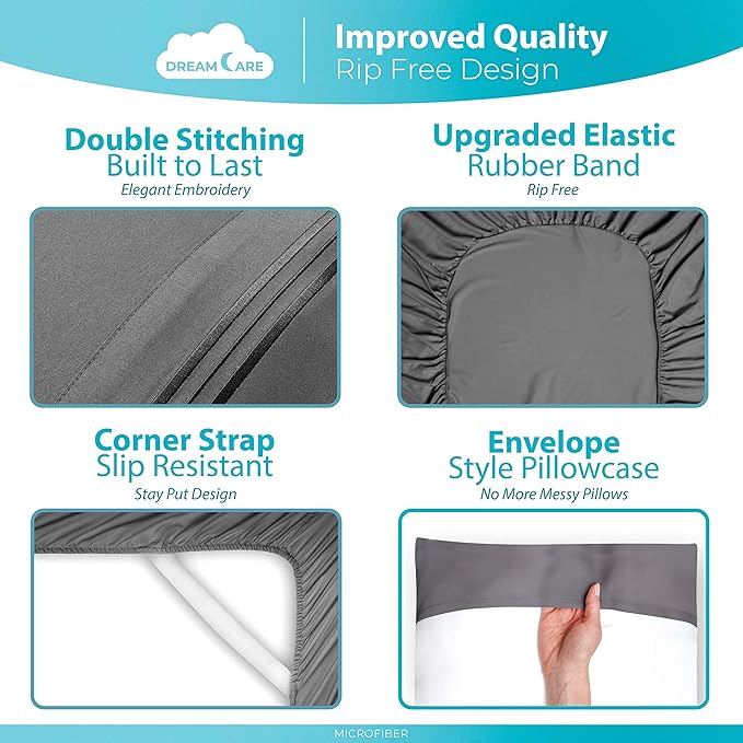DREAMCARE Twin XL Sheet Sets – 3pcs Cooling Sheets – up to 21” Extra Deep Pocket Twin XL Sheets Set – Hotel Luxury Sheets & Pillowcases – Superior Softness 100% Fine Microfiber with Side Pocket – Gray
