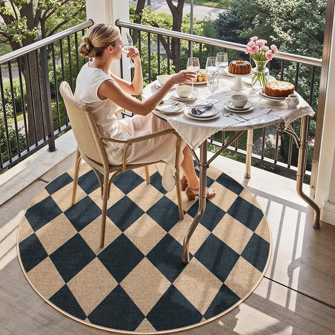 Lahome Checkered Easy Jute Round Rug 4ft, Outdoor Entryway Rug Washable | Black - Image 7