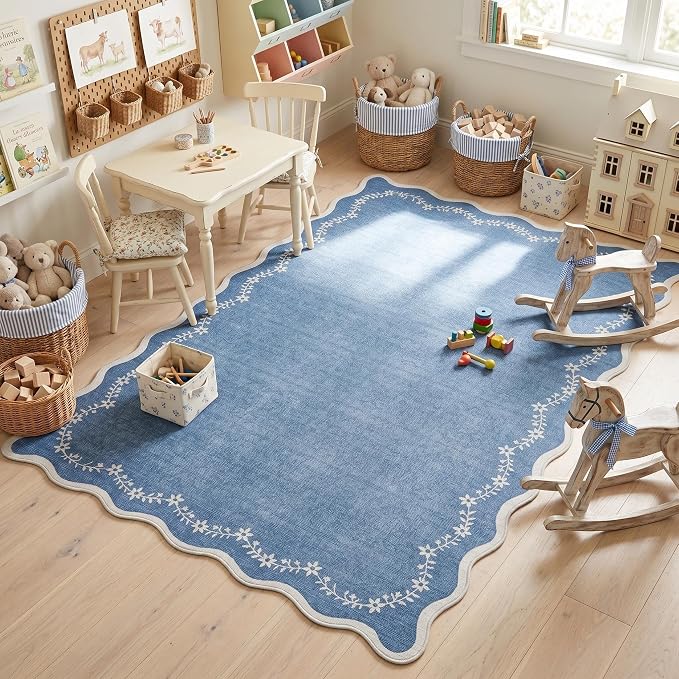 GarveeHome 4x6 Scalloped Washable Area Rug Blue Nursery Kids Bedroom Rug | Soft - Image 3