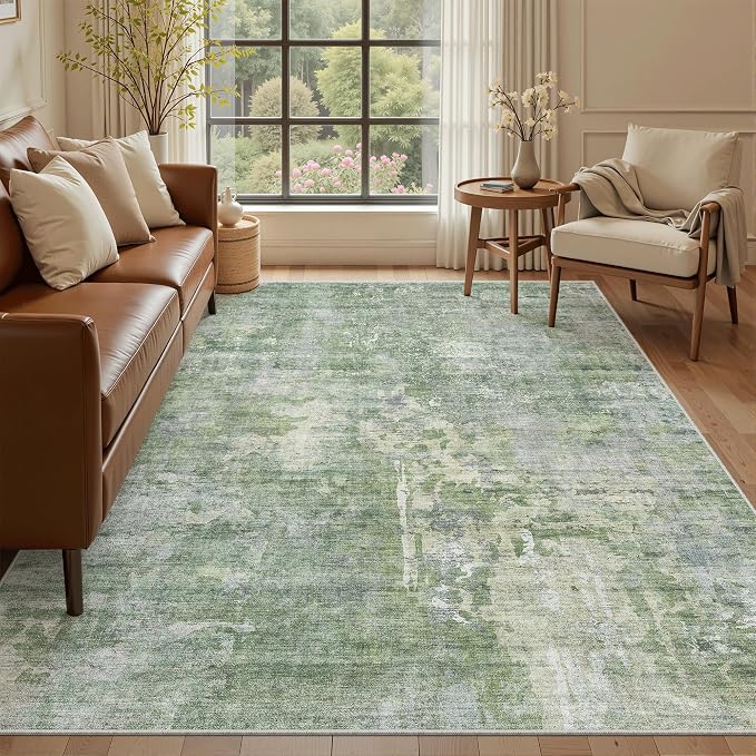 Soalmost Abstract Area Rug 6x9 for Living Room Washable Rugs Green/Ivory | - Image 2