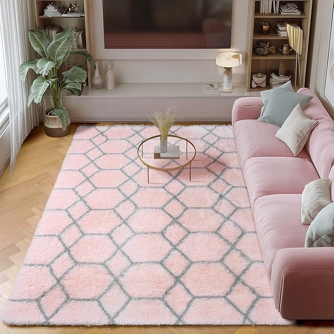 5x7 Area Rugs for Living Room Bedroom, Fluffy Pink and Grey Geometric Rug | by ONASAR