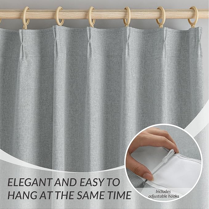 KangBang Pinch Pleated Blackout Curtains 108 Inches Long, 100% Blackout Pleated Linen Drapes for Living Room Hall Windows with Hooks, Soft & Vertical Window Panels(Fog Grey, 42x108 Inch,2 PCs)