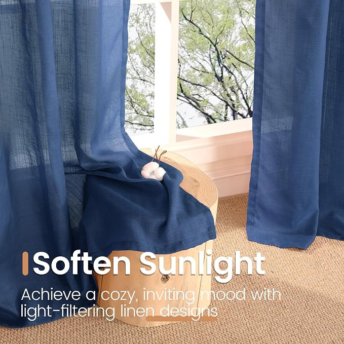 BGment Navy Blue Linen Curtains 84 Inches Long, Semi Sheer Drapes 2 Panels Set - Image 5