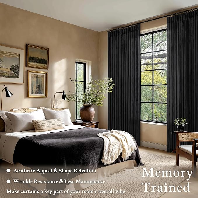 Black Linen Pleat Light Filtering Memory Shape Train Curtains 84 Inch Long | - Image 2