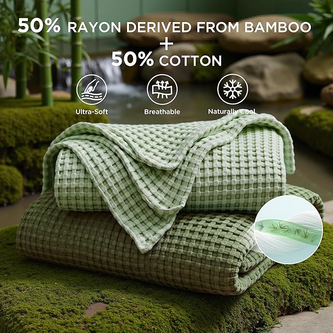 Bedsure Cooling Cotton Waffle Weave Throw Blanket - Lightweight Breathable Blanket of Rayon Derived from Bamboo for Hot Sleepers, Luxury Throws for Bed, Couch and Sofa, Green, 50x70 Inches