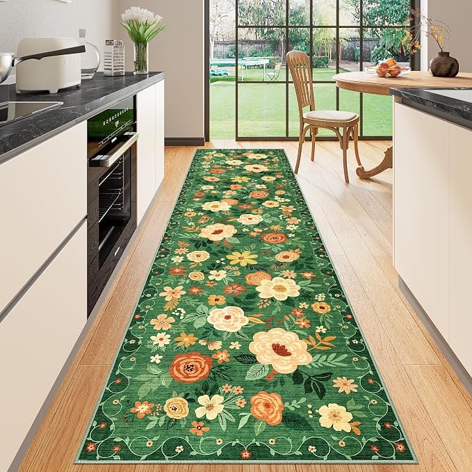 DUKINO 2.6x10 Hallway Runner Rug Washable Kitchen Rugs Non Slip Dark Green | by DUKINO