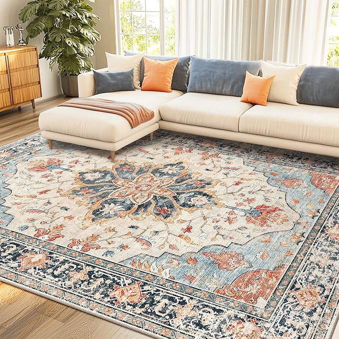RELEANY Washable Area Rug, Water Repellent, Pet Friendly, Vintage Floral Boho by RELEANY