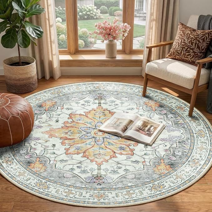 RELEANY Washable Area Rug, Round 4ft, Water Repellent, Pet Friendly, Vintage - Image 2
