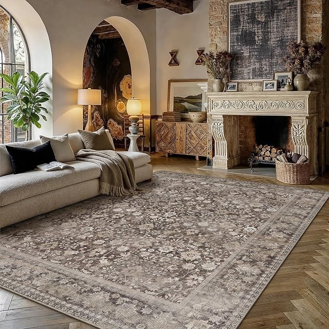 8x10 Coffee Brown Vintage Floral Washable Area Rug by HUGEAR