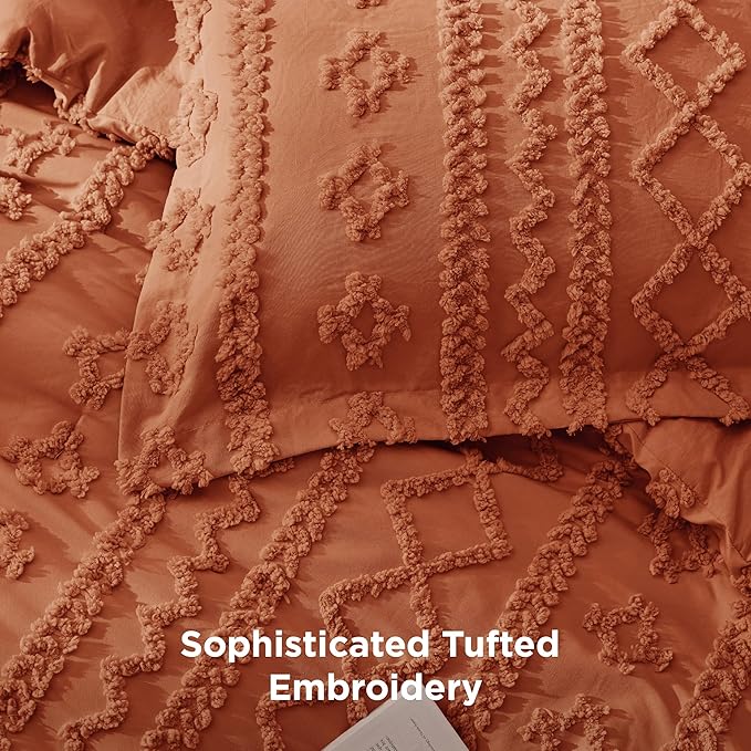 Bedsure Tufted Boho Comforter Set Twin Size - Terracotta Boho Bed Set, GentleSoft™ 2 Pieces Farmhouse Shabby Chic Embroidery Bedding, Gifts for Woman, Soft Jacquard Twin Comforter for All Seasons