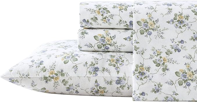 Laura Ashley - Flannel Sheets Queen Size, Anti-Pilling & Wrinkle Resistant Cotton, Touchably Soft for All-Season Comfort - Bed Sheets with Matching Pillowcases & Fitted Sheet (Le Fleur Cottage Blue)