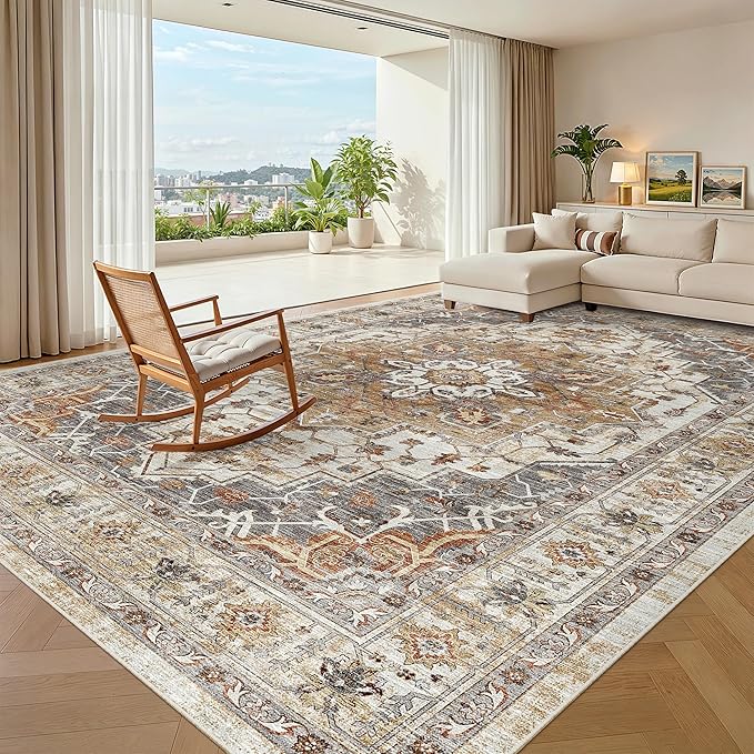Madane 8x10 Area Rugs for Living Room, Non-Slip Washable Rug, Turmeric/Grey | by Madane
