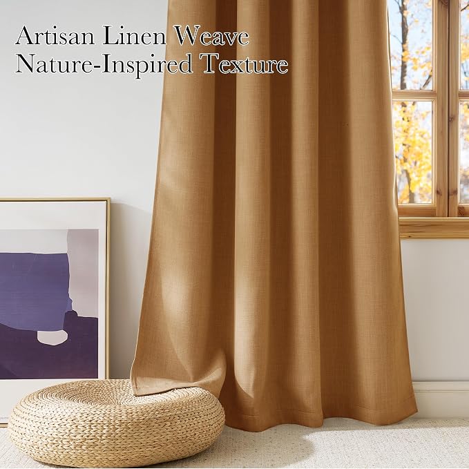 NICETOWN Gold Brown Faux Linen Room Darkening Rod Pocket Curtains 63 inch Length - Image 3