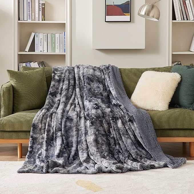 Bedsure GentleSoft Sherpa Fluffy Throw Blanket - Fleece Warm and Cozy Throw for Women Gift, Plush & Fuzzy Faux Fur Christmas Blanket for Couch, Sofa, Bed Decor, Tie Dye Design, Grey, 50x60 Inches
