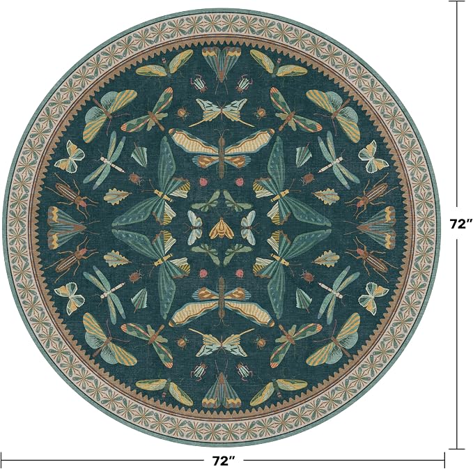 Washable Teal Round Rug 6ft, Non Slip Boho Carpet - Image 2