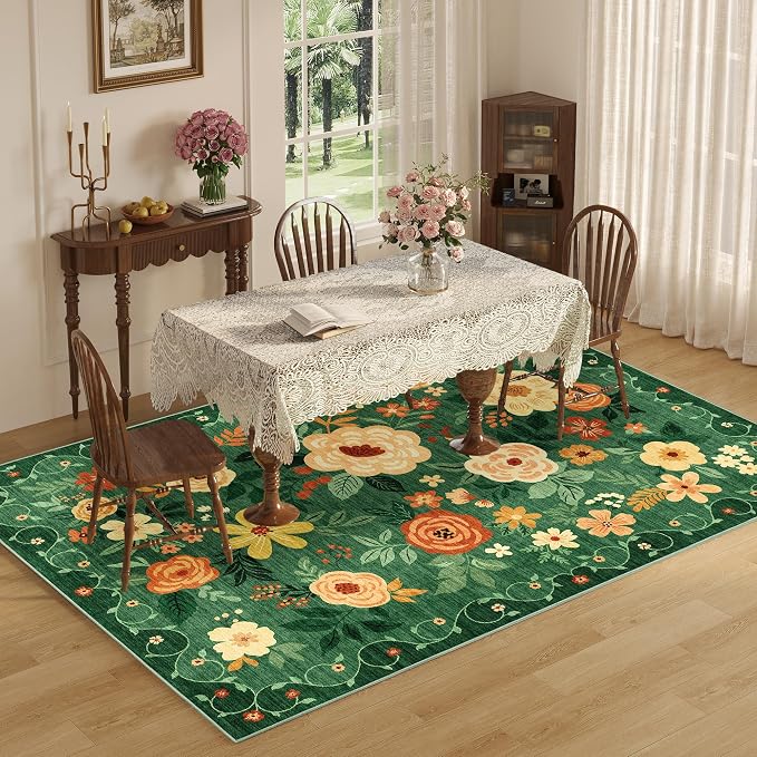 DUKINO 8x10 Area Rugs, Floral Washable Living Room Rug Non Slip, Dark Green | - Image 4