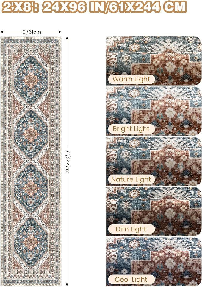 Runner Rug 2x8 Runners for Hallways Washable Rugs, Non Slip Low Pile Soft - Image 2