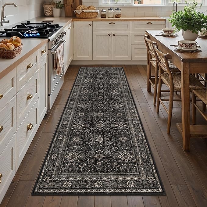 Schweek 2.6x8 Runner Rugs Non Slip Vintage Floral Washable Runner Black | by Schweek