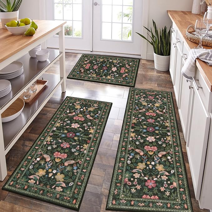 HEBE Boho Kitchen Rugs Set of 3, Non Slip Washable Kitchen Mats by HEBE