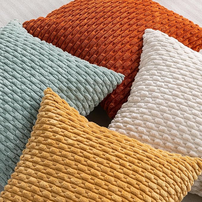 Set of 4 Yellow Rust Aqua Decorative Throw Pillow Covers 16x16 Inch Corduroy - Image 4