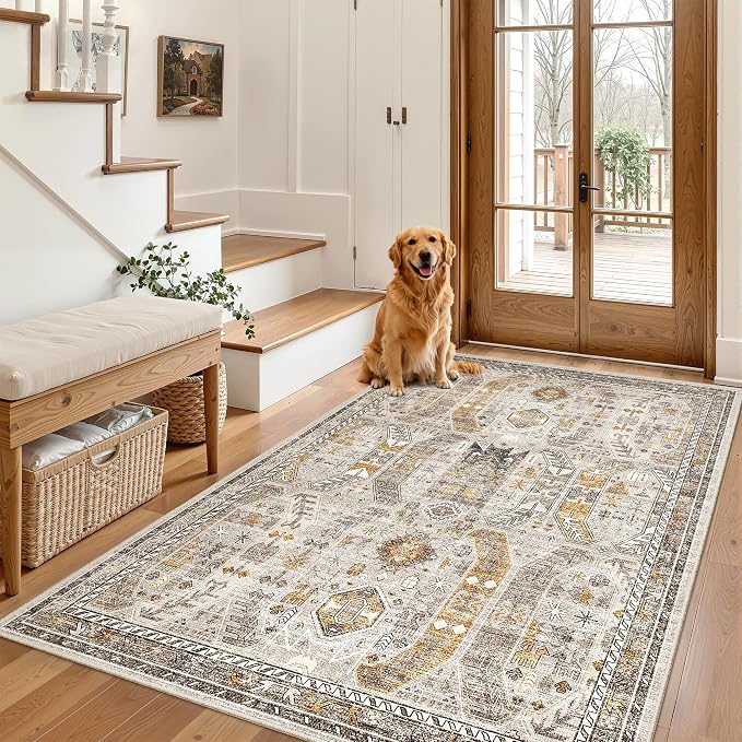 Madane Area Rug 3x5, Washable Vintage Entry Rugs by Madane