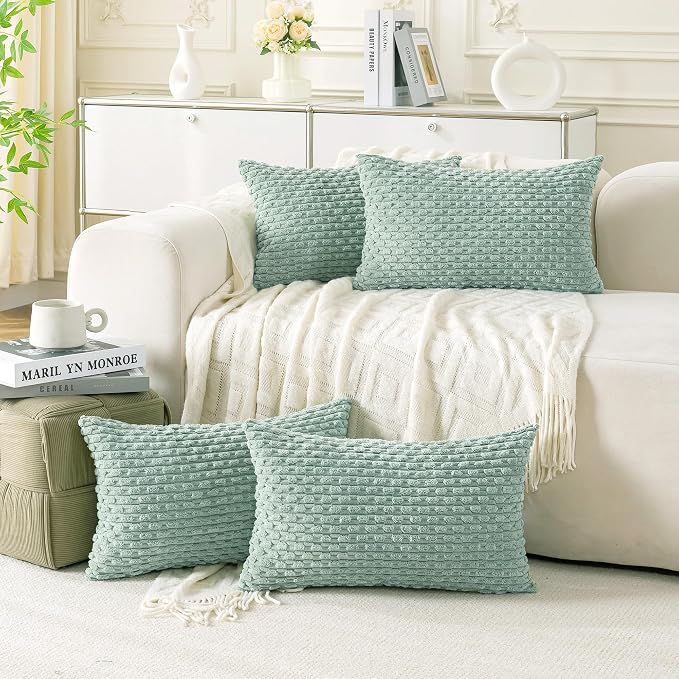 Set of 4 Aqua Decorative Throw Pillow Covers 12x20 Inch Corduroy Pillow Covers by Cozoomy