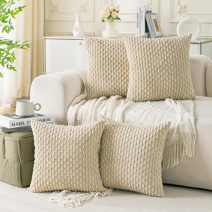 Set of 4 Beige Decorative Throw Pillow Covers 26x26 Inch Corduroy Pillow Covers by Cozoomy