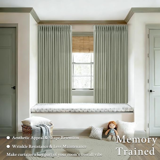 Sage Green 63 Inch Semi Sheer Memory Trained Pleated Linen Curtains 50x63 | - Image 2