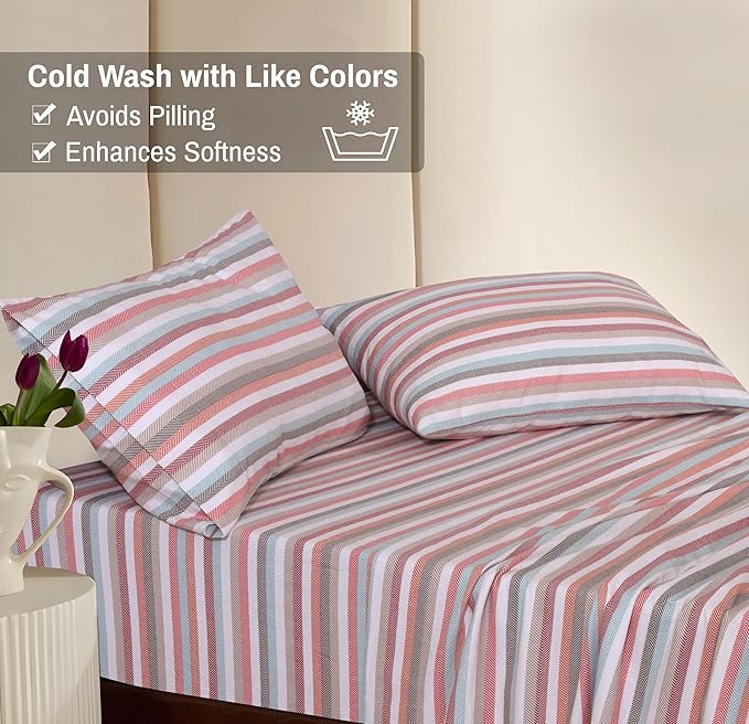 RUVANTI Flannel Sheets Queen Size - 100% Cotton Double Brushed Bed Sheets, Deep Pockets 16 Inches Queen Sheet Set, All Seasons Breathable & Extra Soft - Warm & Cozy, 4 Piece, Multi Chevron Stripe