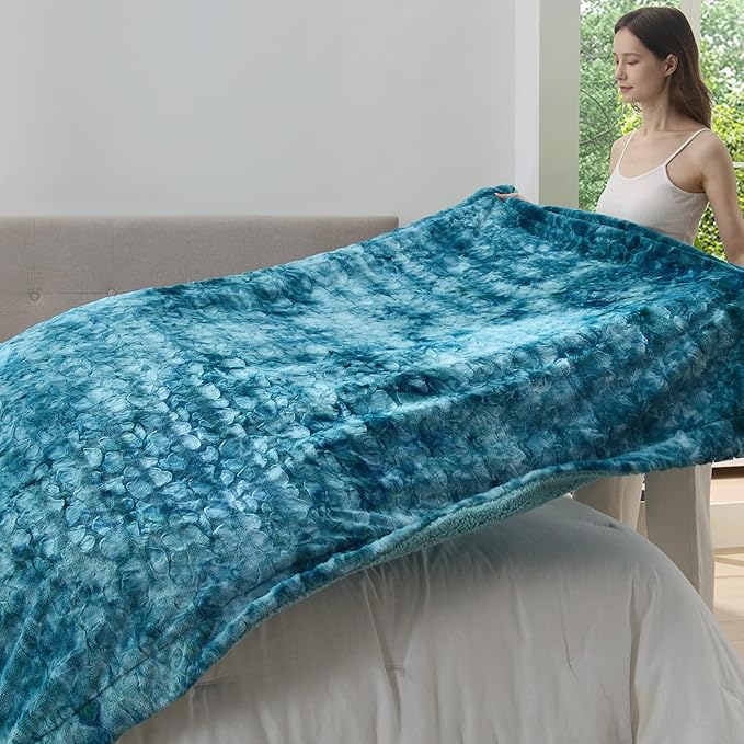 Bedsure GentleSoft Sherpa Fluffy Blanket Queen Size for Bed - Fleece Warm and Cozy for Women Gift, Plush & Fuzzy Faux Fur Christmas Blanket for Couch, Sofa Decor, Tie Dye Design, Teal, 90x90 Inches