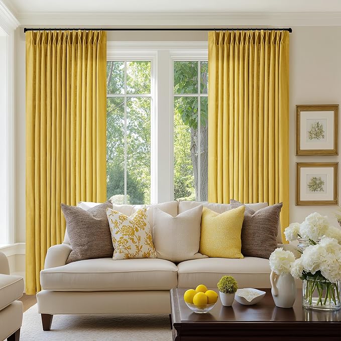 Mustard Yellow Pleated Semi Sheer Linen Curtains 108 Inches Long 2 Panel | by Twodrapes