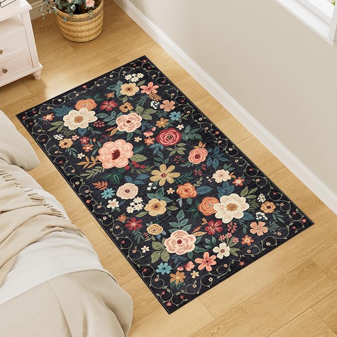 DUKINO 2x4 Entryway Rug, Floral Washable Kitchen Rugs Non Slip, Soft Indoor - Image 3