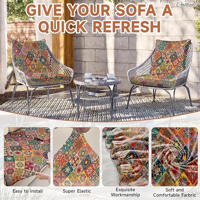 CALBODE 12Pcs Stretch Patio Cushion Cover, Bohemian Geometric Pattern | - Image 4